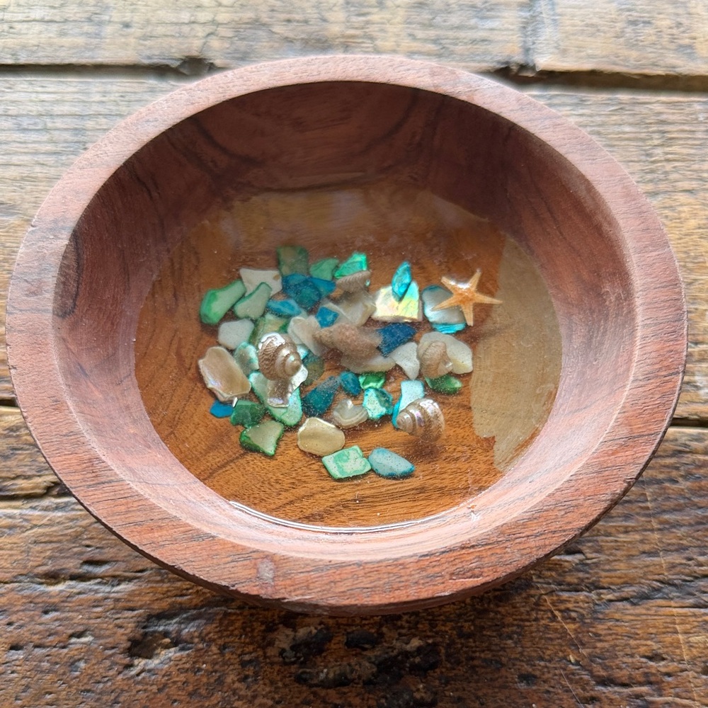 Wooden Handcrafted Bowl with Seashell and Stone Inlay